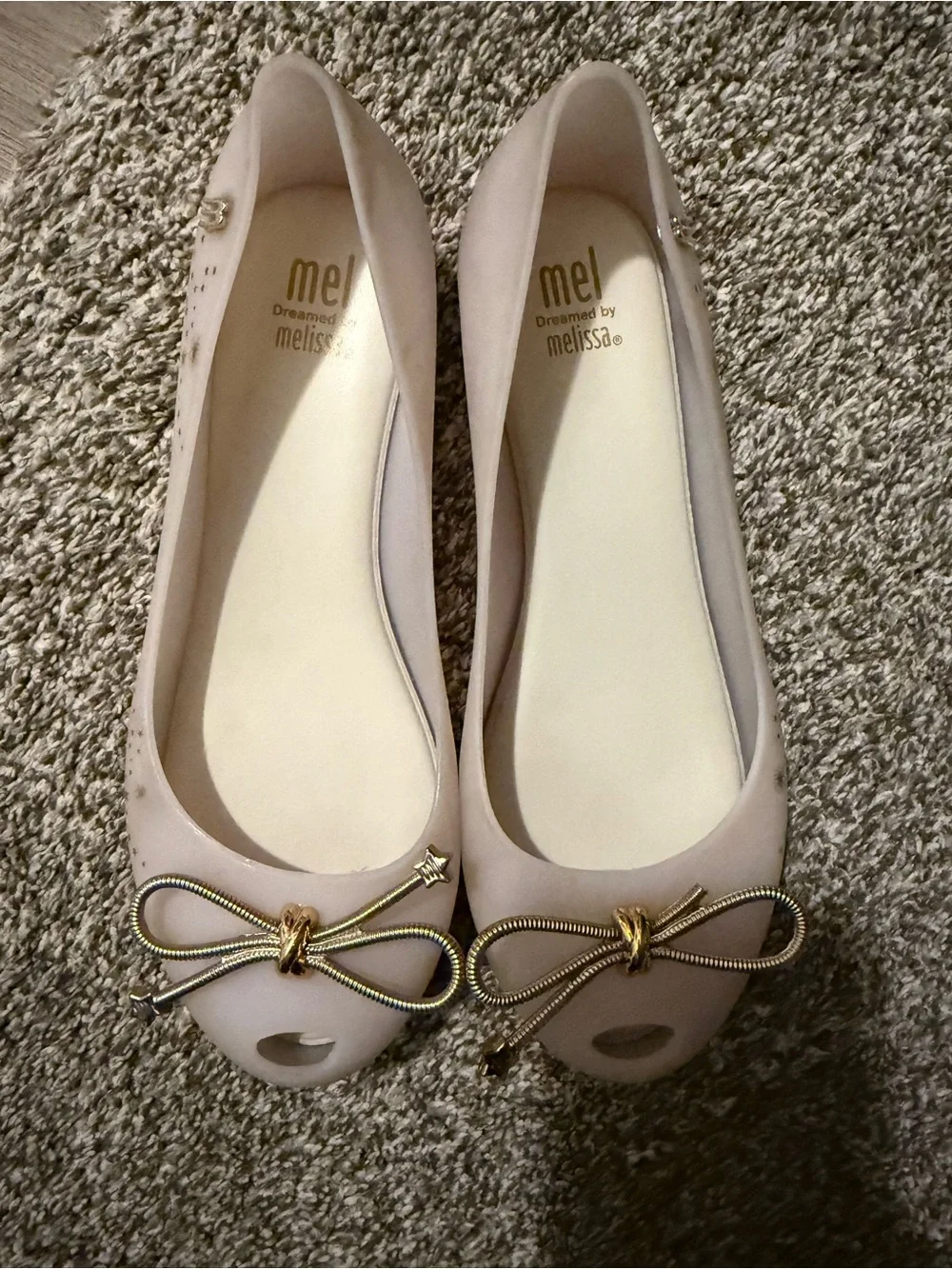 Melissa Girls Matte Beige Ballet Flats with Gold Bow Accents